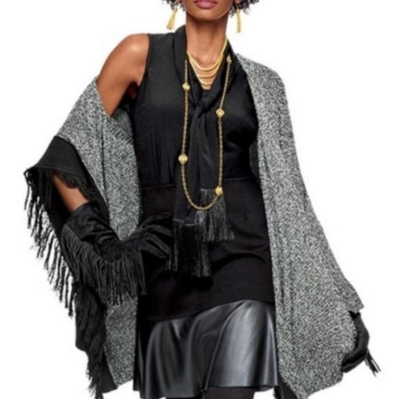CAbi Sweaters - Cabi peppercorn black white fringe cape #3361